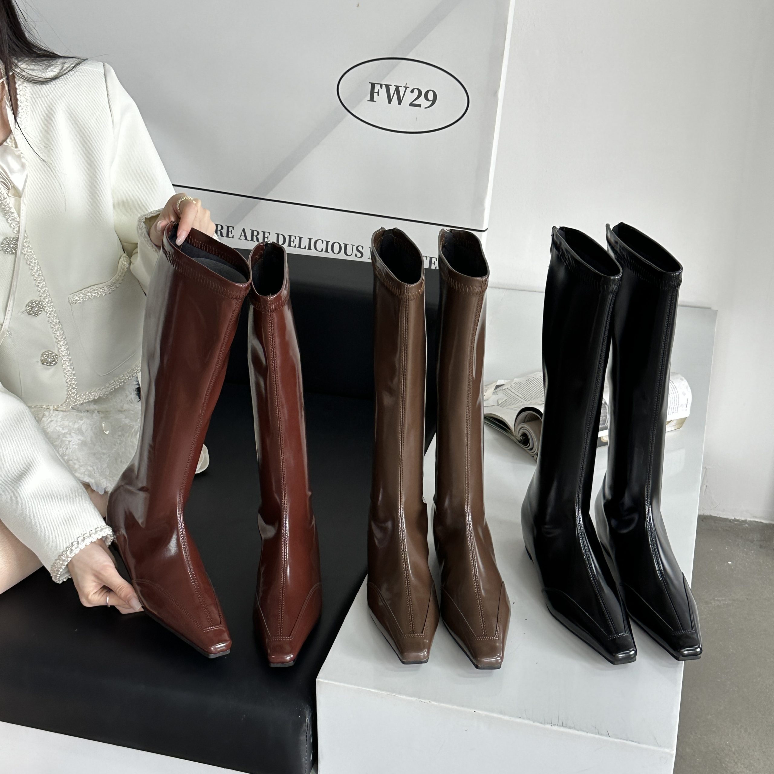 2024 Autumn New Patent Leather Square Toe Chunky Heel High Boots Women's Fashion Boots