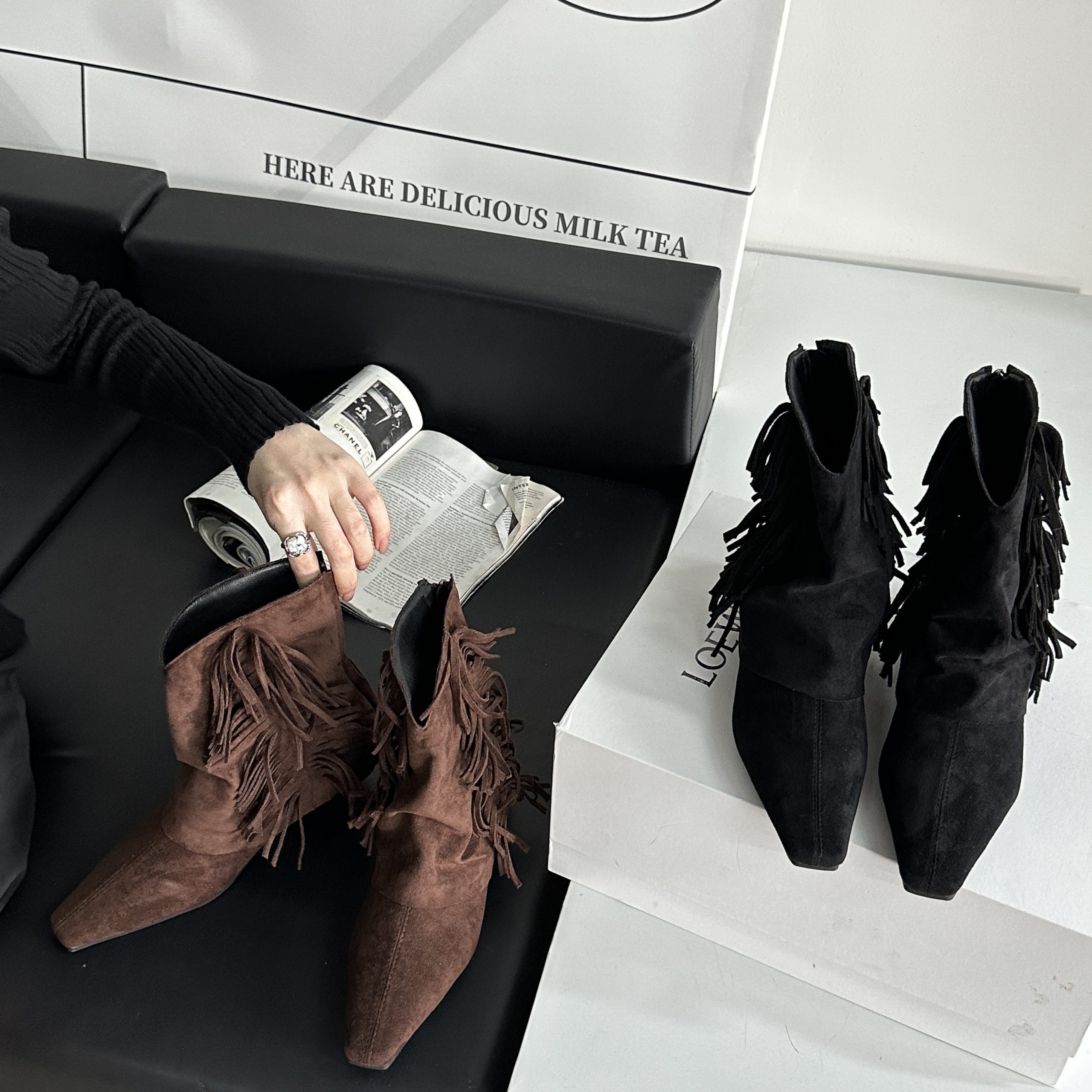 2024 Autumn New Suede Square Toe Hidden Wedge Low Heel Solid Fringe Ankle Boots Women