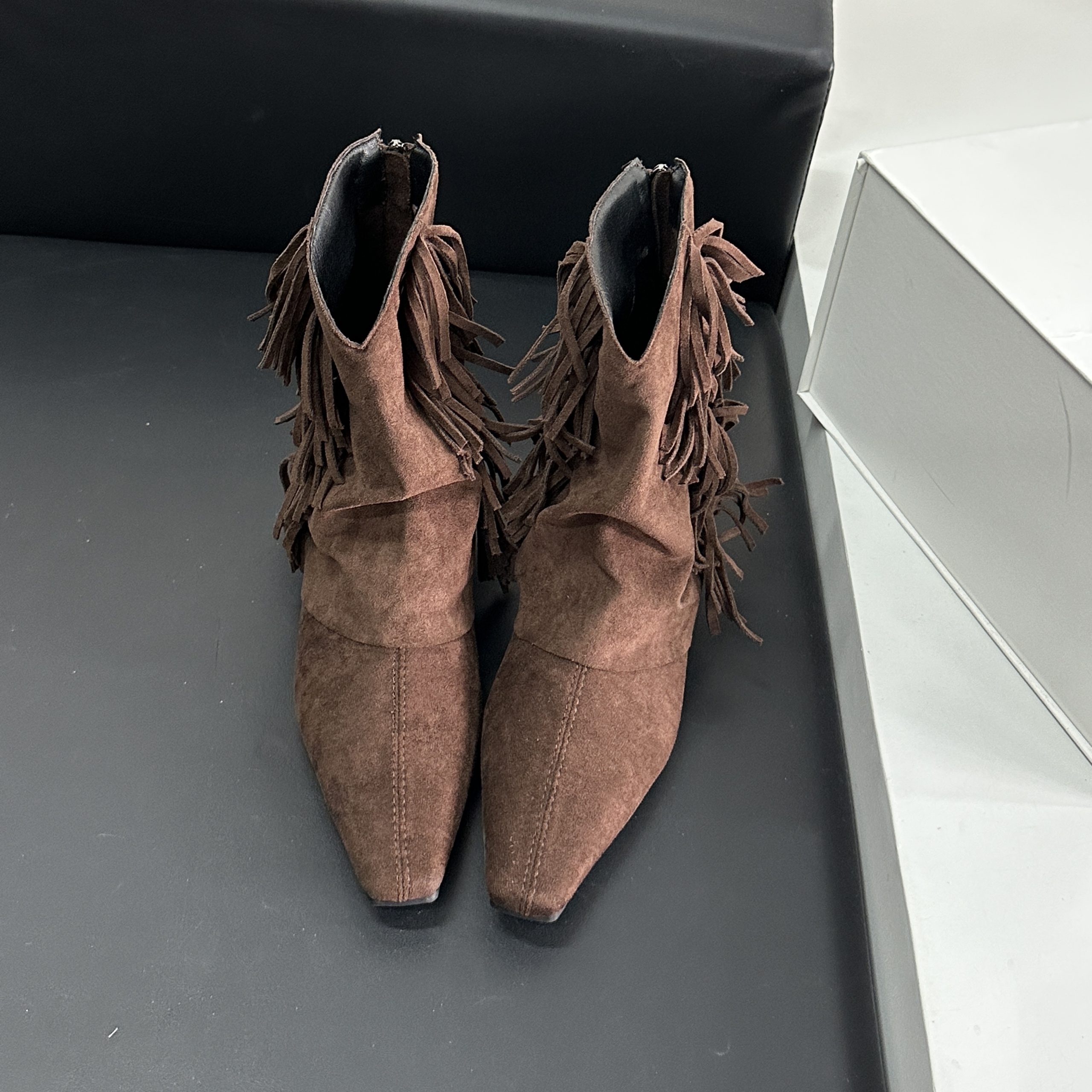 2024 Autumn New Suede Square Toe Hidden Wedge Low Heel Solid Fringe Ankle Boots Women