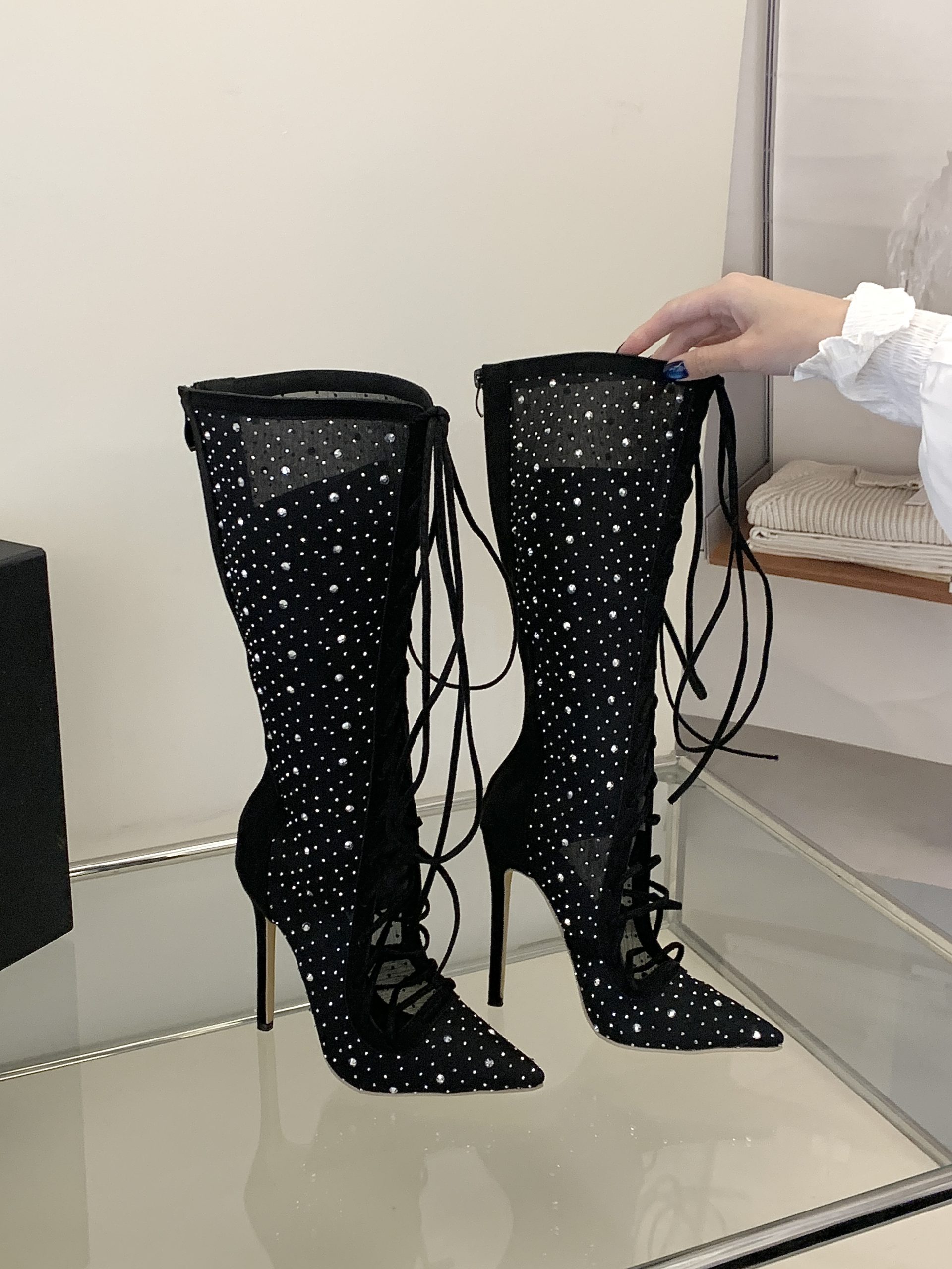 2026 New Black Pointed Toe Lace Rhinestone Buckle High Heel Boots