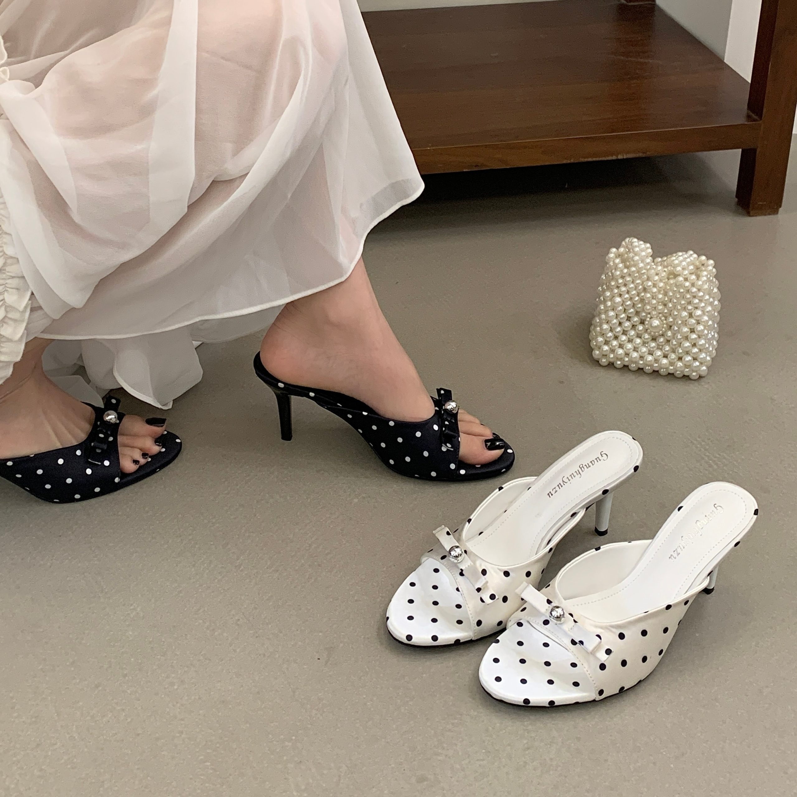 French Polka Dot Bow Slippers for Women Summer Outdoor Fashion High Heel Open Toe Slippers