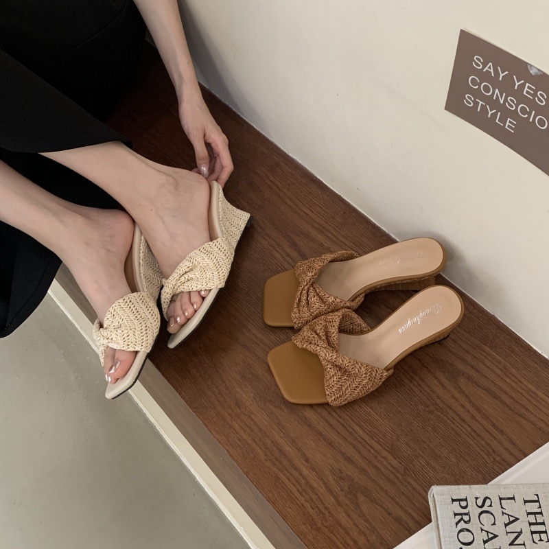 2026 Summer New High Heel Woven Straw Slippers Outdoor Slope Heel Cross Strap Beach Sandals Women Shoes