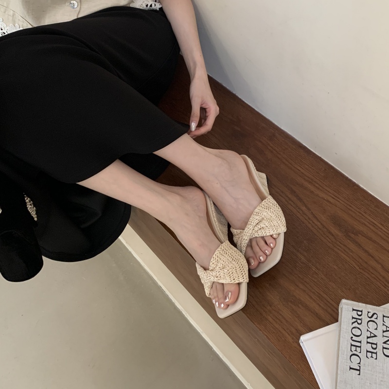 2026 Summer New High Heel Woven Straw Slippers Outdoor Slope Heel Cross Strap Beach Sandals Women Shoes