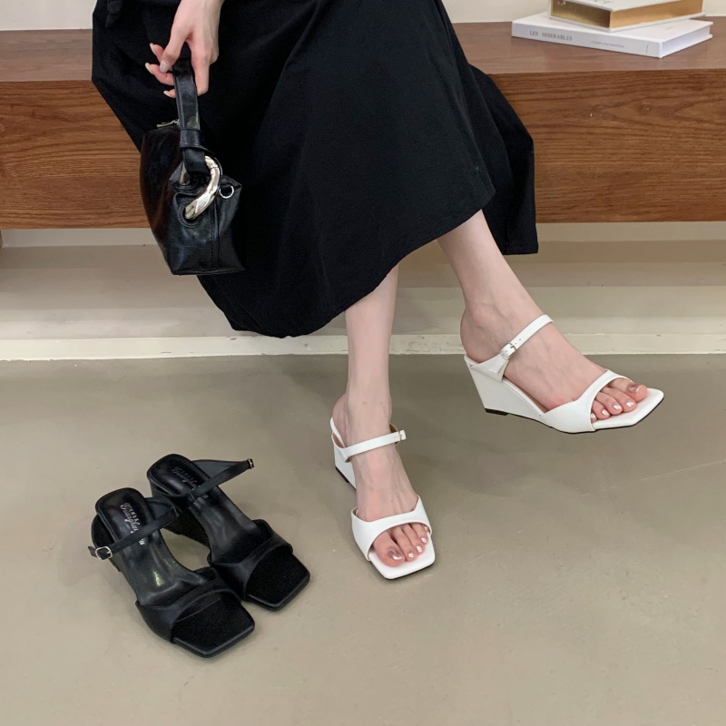 French Square Toe High Heel Women's Evening Gentle Slope Heel Sandals Summer Mary Jane Open Toe Slippers