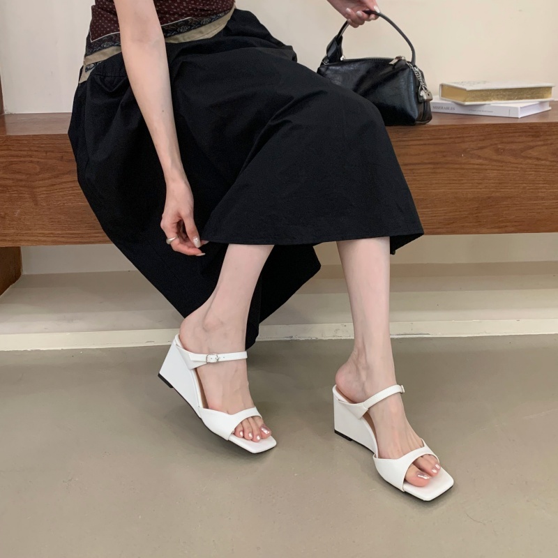French Square Toe High Heel Women's Evening Gentle Slope Heel Sandals Summer Mary Jane Open Toe Slippers