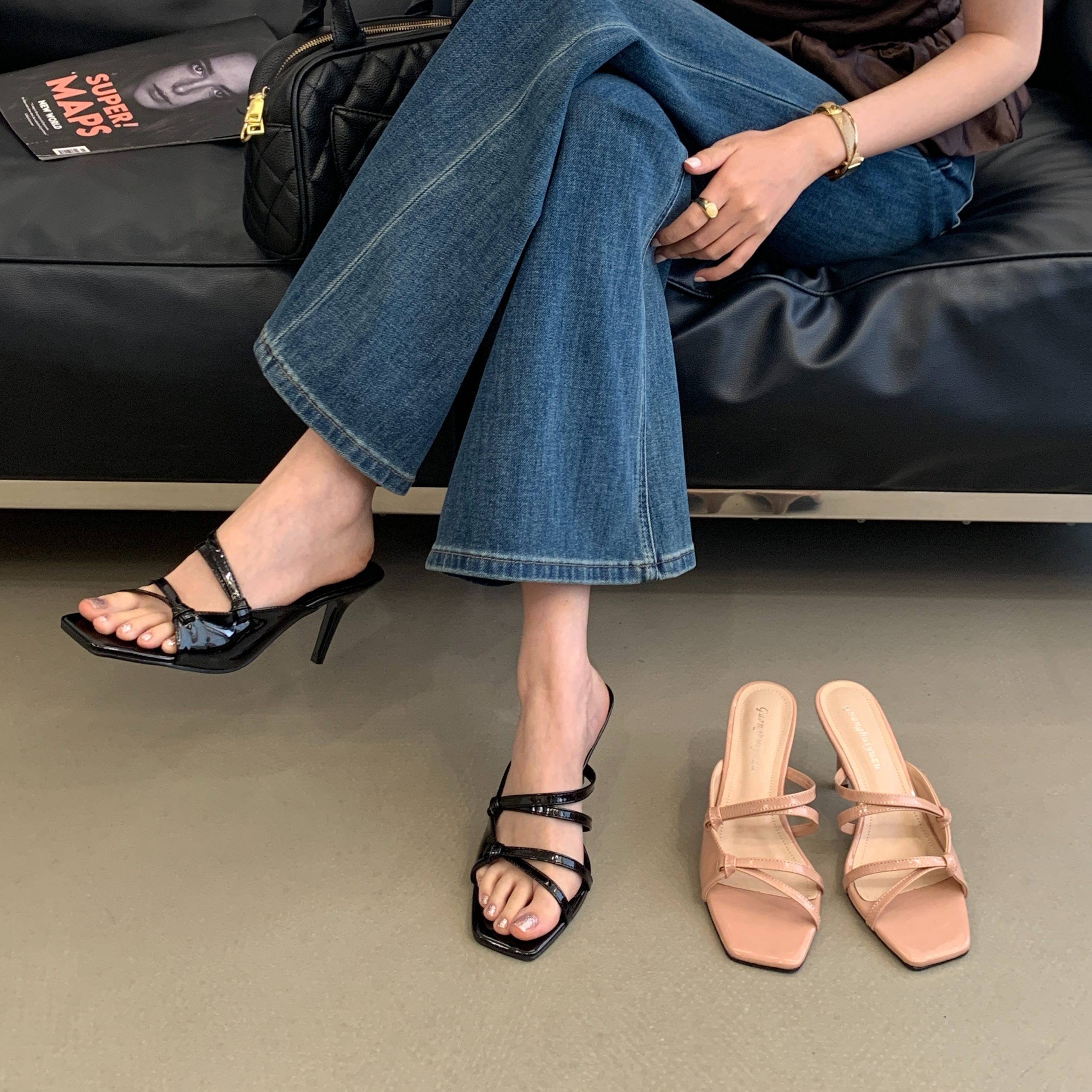 Nude Square Toe Strappy High Heel Sandals for Women Summer French Style Cross Strap Versatile Thin Heel Open Toe Slippers