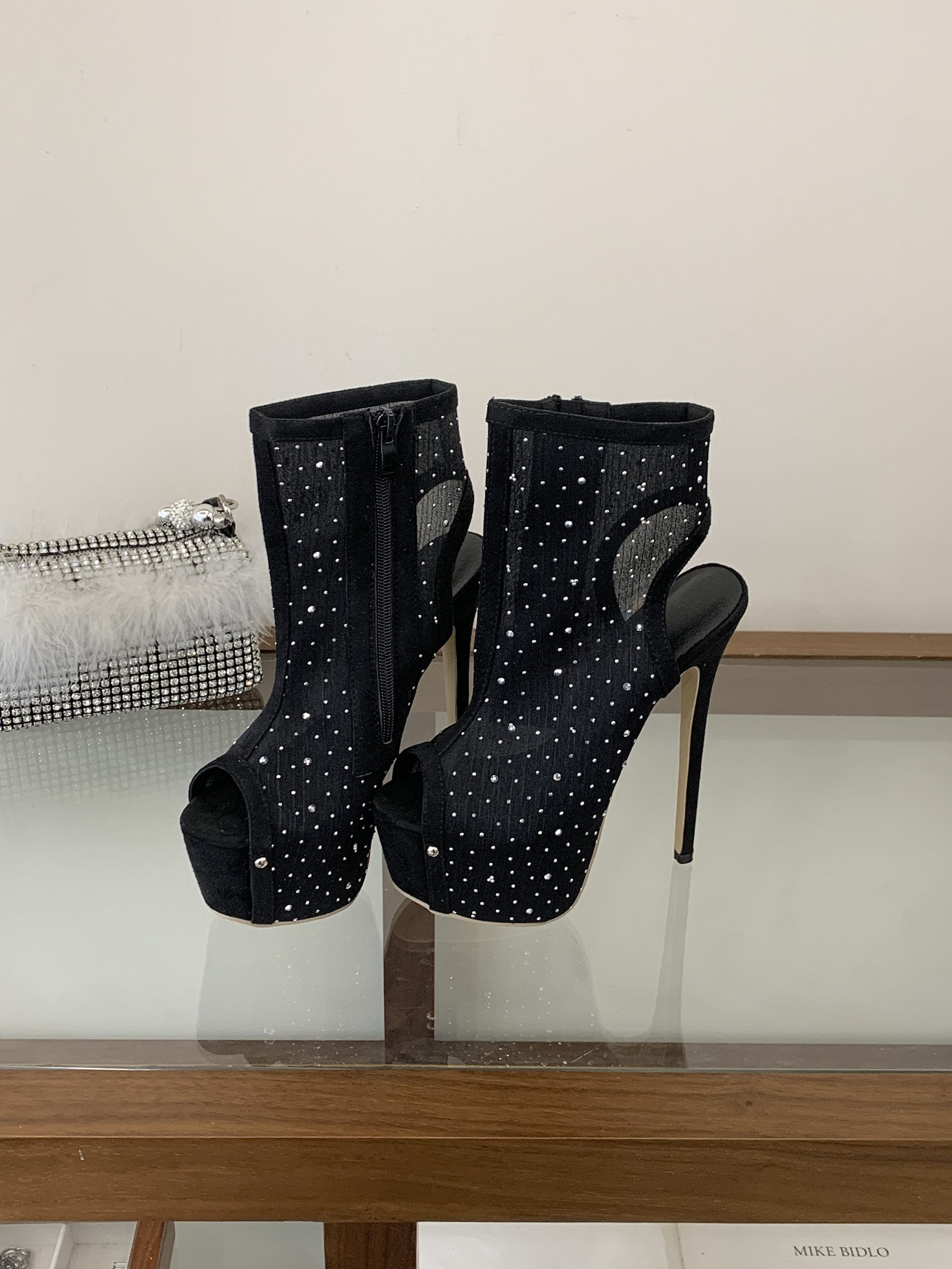 2026 New Style Sexy Black Rhinestone High Heel Ankle Boots with Platform 16.3cm Heel 5.8cm Platform
