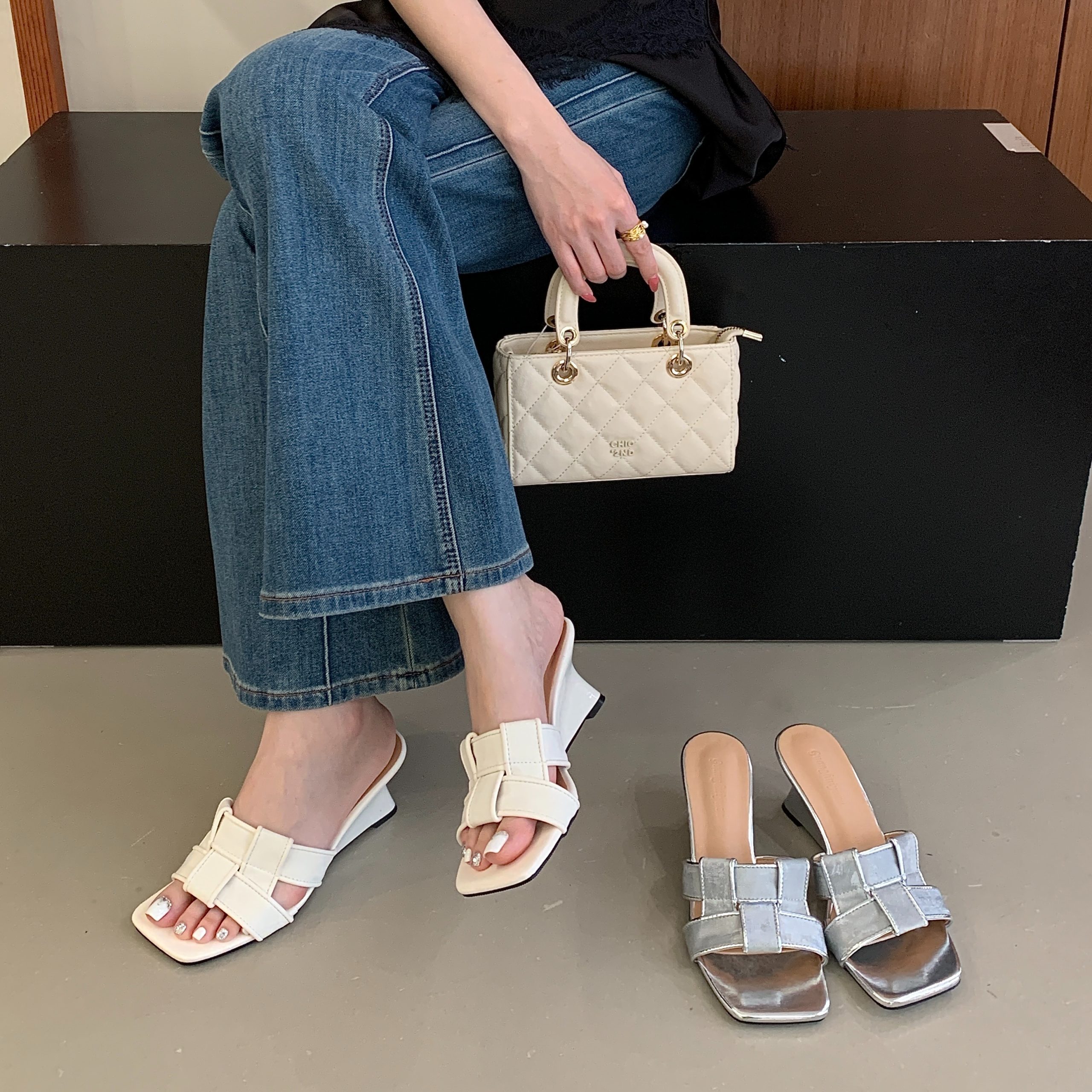 1778235179034_ho6mLM.jpg French Woven High Heel Half Slipper Wedge Sandals for Women Summer Elegant