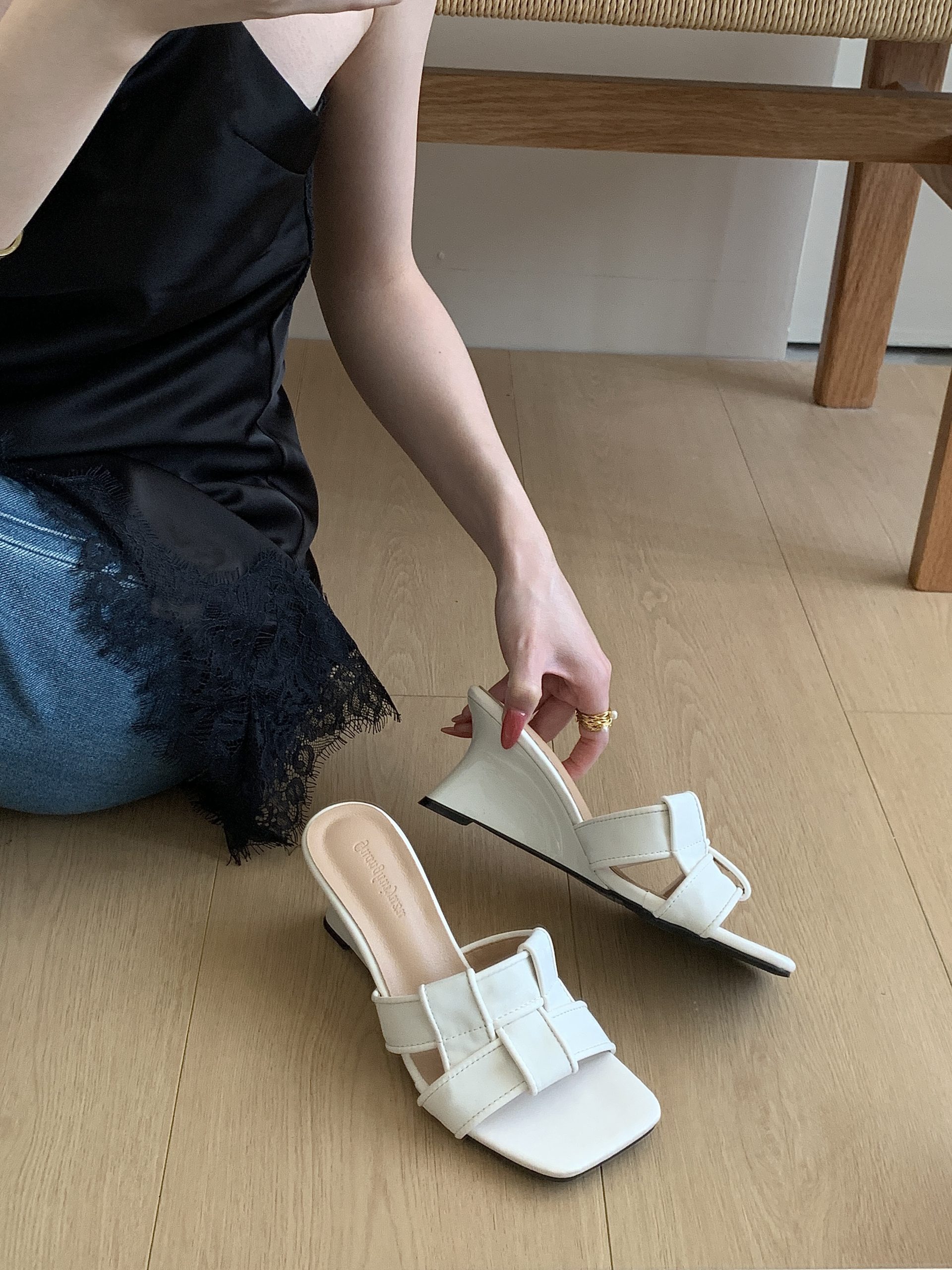 French Woven High Heel Half Slipper Wedge Sandals for Women Summer Elegant
