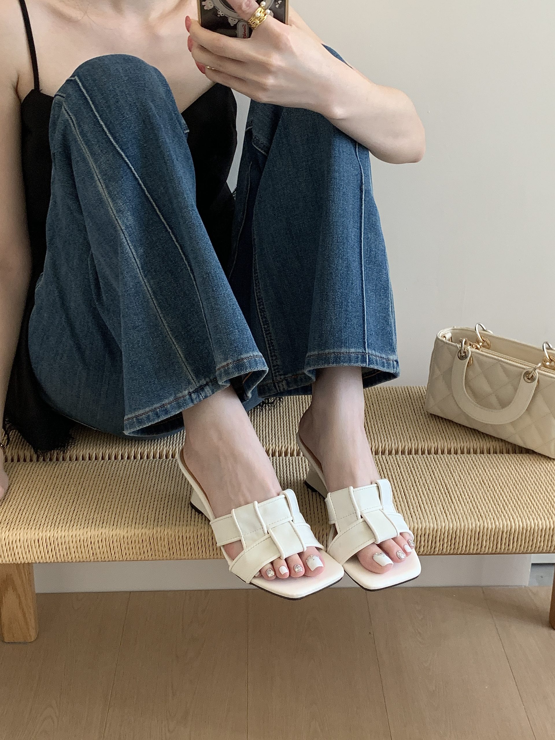 French Woven High Heel Half Slipper Wedge Sandals for Women Summer Elegant